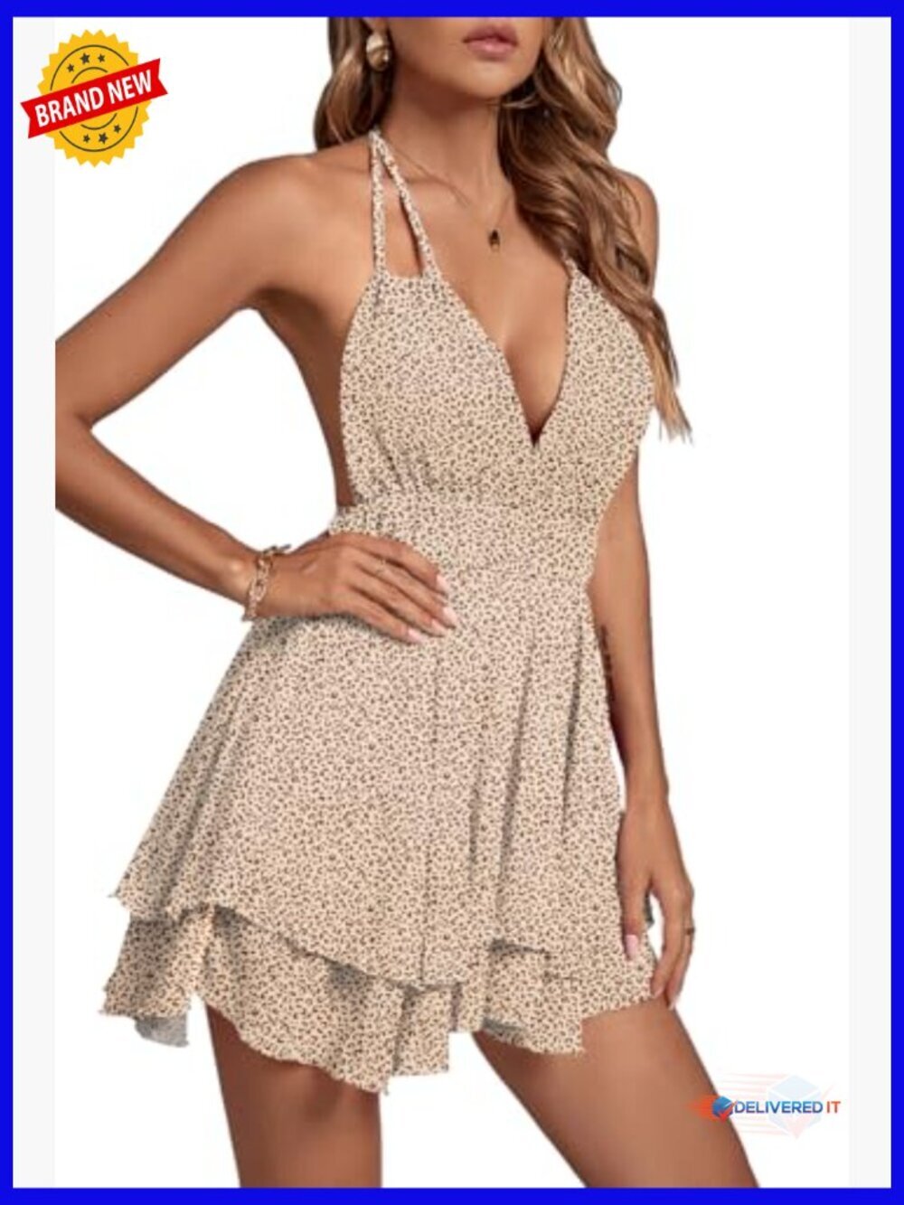 Sleeveless Deep V Neck Backless Ruffle Skater Mini Dress - Picture 3 of 5